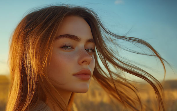 The image shows a person with long, light brown or blonde hair blowing in the wind. The background features a clear blue sky and a field with tall, golden grass, suggesting it is taken during a sunny day, possibly in the late afternoon or early evening due to the warm lighting. The overall atmosphere of the image is calm and natural.