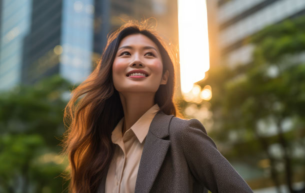 The person in the image is wearing a light-colored blouse underneath a gray blazer. Their long hair is styled in loose waves, and the background features tall buildings and greenery, suggesting an urban outdoor setting during sunset or late afternoon. The lighting creates a warm, golden glow around the person.