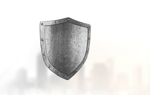 This is an image of a metallic shield. It has a classic medieval shape with a slightly pointed bottom and a curved top. The shield appears to be made of metal, with visible rivets around the edges, giving it a sturdy and reinforced look. The background is blurred, making the shield the focal point of the image. How can I assist you with this image?