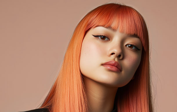 The person in the image has long, straight hair dyed in a vibrant orange color. They are wearing a black top, and the background is a plain, muted beige or light brown color. The lighting appears soft, creating a warm and even tone throughout the image.