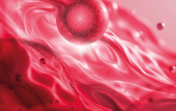 The image appears to be a highly magnified and stylized representation of red blood cells and plasma. The large spherical object in the center resembles a red blood cell or a similar blood component, surrounded by a fluid-like environment that could represent blood plasma. The overall color scheme is predominantly red and pink, which is typical for illustrations related to blood or circulatory system components. This image likely serves as a scientific or medical visualization.