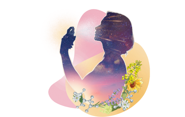 This image depicts a silhouette of a person spraying a mist, possibly perfume or a facial spray. The silhouette is filled with a cosmic or galaxy pattern, showing stars and nebulae. Surrounding the silhouette are various flowers and molecular structures, suggesting a connection between nature, science, and beauty or self-care. The background consists of soft, abstract shapes in pastel colors, enhancing the dreamy and ethereal feel of the image.