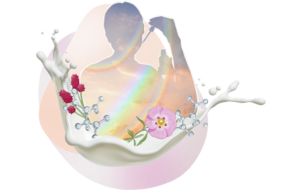 This image features a splash of milk with flowers and molecular structures embedded within it. Inside the splash, there is a silhouette of a person with a rainbow and sky scene visible through the silhouette. The overall composition combines elements of nature, science, and human presence in a visually artistic manner. How can I assist you with this image?