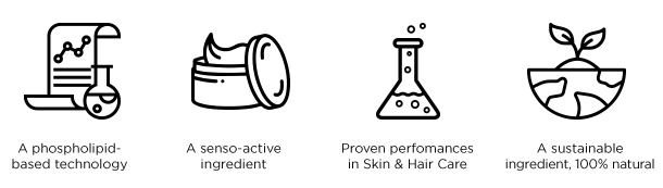 The image contains four icons with corresponding descriptions:

1. An icon of a document with a graph and a laboratory flask, labeled "A phospholipid-based technology."
2. An icon of a cream jar with a swirl of cream, labeled "A senso-active ingredient."
3. An icon of a laboratory flask with bubbles, labeled "Proven performances in Skin & Hair Care."
4. An icon of a half-globe with a plant sprouting from it, labeled "A sustainable ingredient, 100% natural."

These icons and descriptions suggest features or benefits related to a skincare or haircare product, emphasizing technology, active ingredients, proven efficacy, and sustainability.