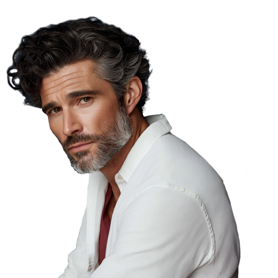 Portrait of a man with gray hair and beard wearing a white shirt against a black background