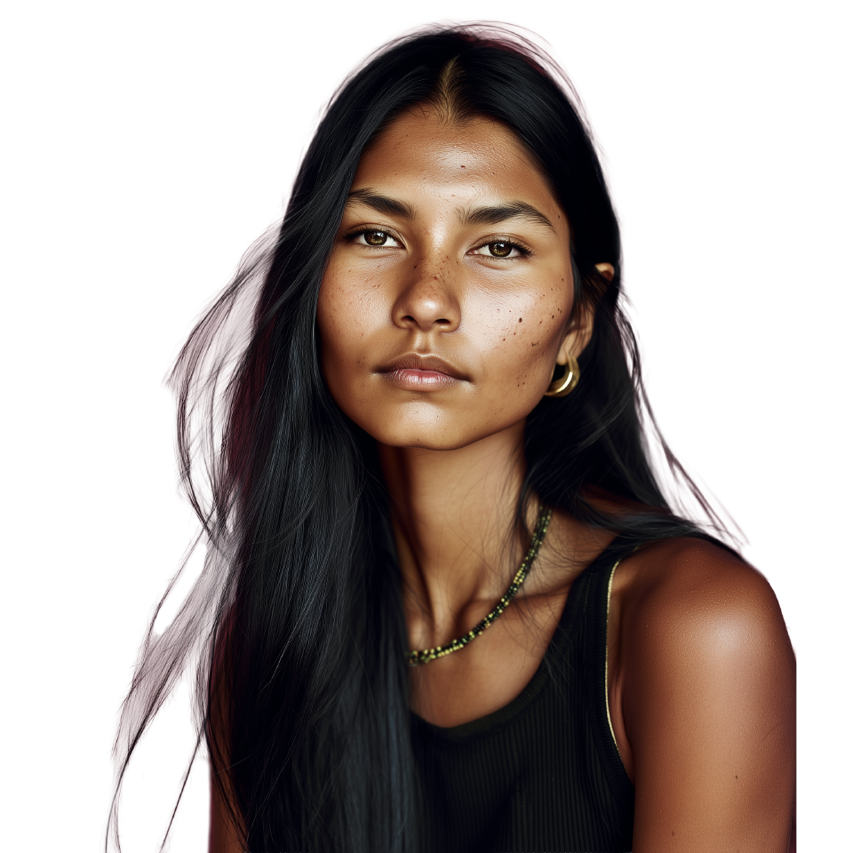 Portrait of a woman with long black hair and gold hoop earring on a black background