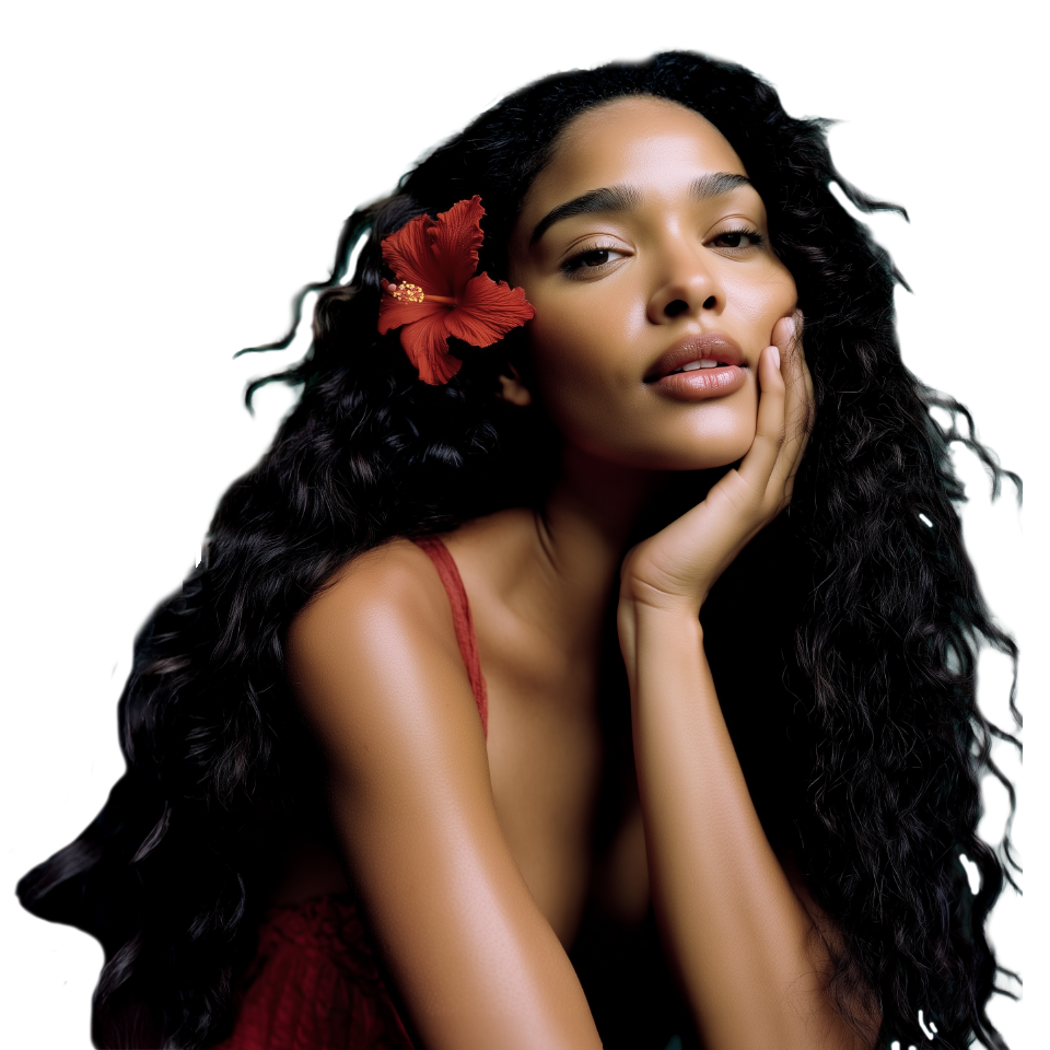 Portrait of a woman with long curly hair and a red flower in her hair, resting her face on her hand against a white background