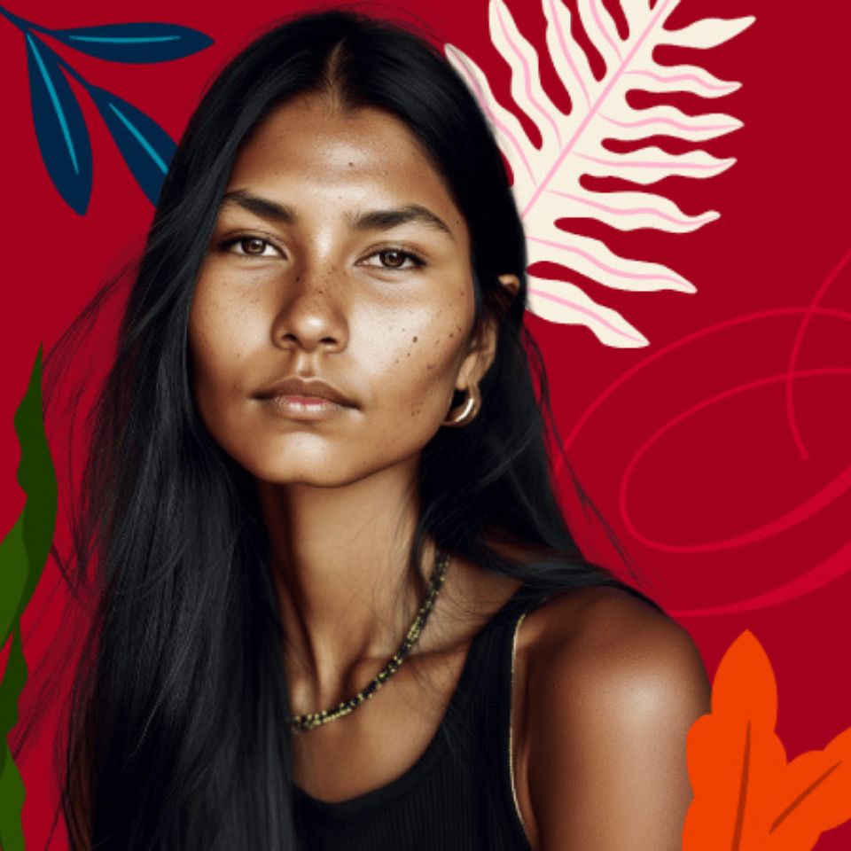 Portrait of a woman with long black hair against a red background with tropical leaf patterns
