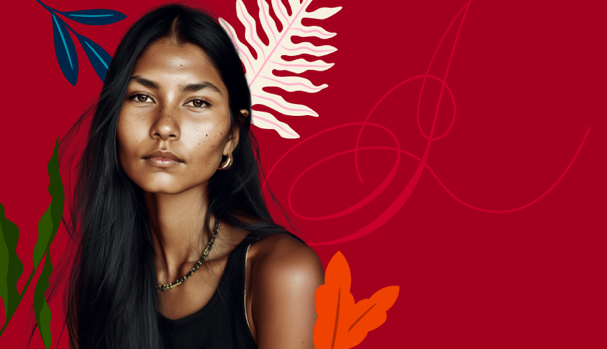 The image shows a stylized portrait of a young woman with long dark hair against a deep red background. Decorative leaf-like shapes in blue, white, green, and orange surround her, giving it a modern graphic design feel.