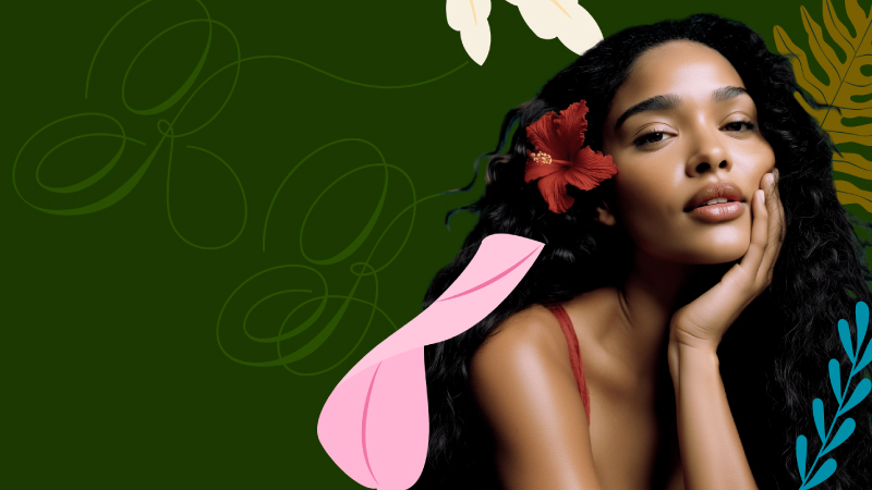 This looks like a stylized beauty/fashion poster or banner.

What I see:
- A woman posed on the right side, resting her face on her hand
- Dark curly hair with a red flower tucked near her ear
- A deep green background
- Decorative floral/leaf graphics around the edges
- Large empty space on the left, likely meant for text or branding

Overall feel:
- Elegant
- Tropical / botanical
- Glamorous and editorial

If you want, I can also help with:
- a caption
- ad copy
- design feedback
- extracting the visual style/colors