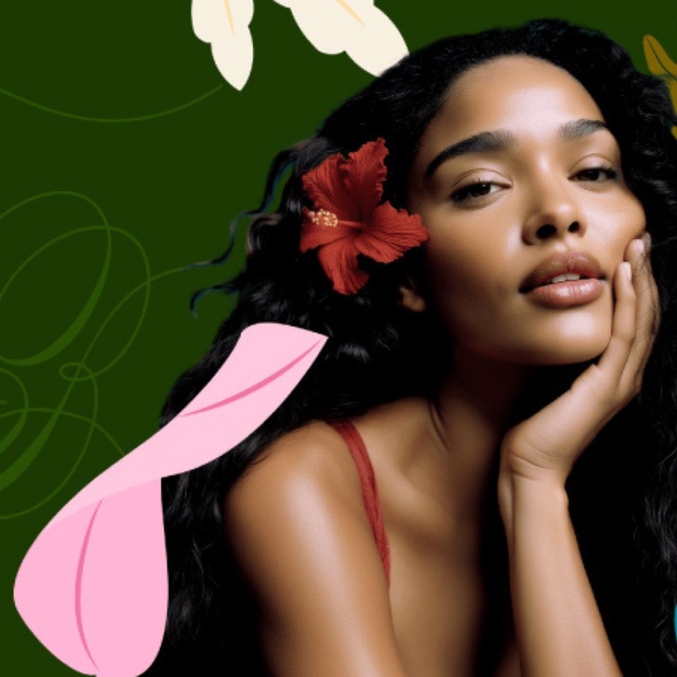 The image shows a stylized portrait of a woman with long dark hair, resting her face on her hand. She has a red flower tucked into her hair and is set against a green background with decorative floral and abstract elements.
