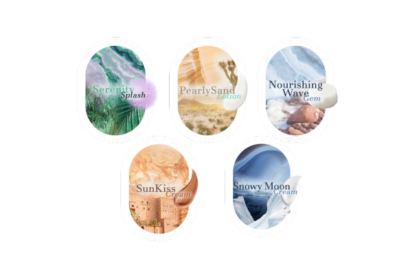 The image shows five different product labels with the following names and types:

1. Serenity Splash
2. Pearly Sand Lotion
3. Nourishing Wave Gem
4. Sun Kiss Cream
5. Snowy Moon Cream

Each label has a unique background design and color scheme that corresponds to the product name and type.
