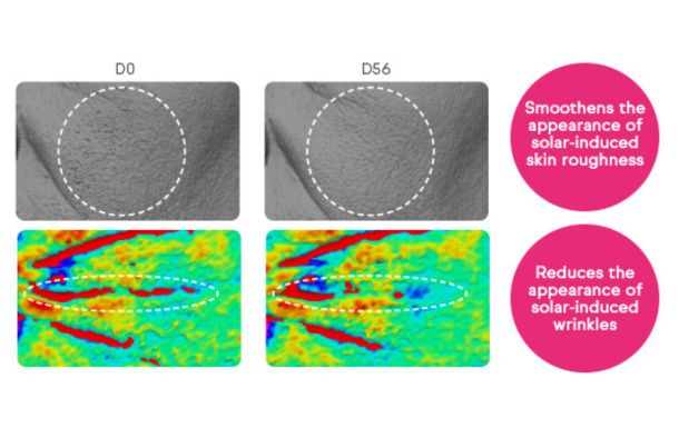 The image appears to show a comparison of skin texture and wrinkles over a period of 56 days (from D0 to D56). The top row shows grayscale images of skin, while the bottom row shows color-coded images that likely represent a detailed analysis of skin texture or wrinkles. The text on the right indicates that over the 56-day period, there is a noticeable improvement in the appearance of solar-induced skin roughness and wrinkles. This suggests that a treatment or product was used to achieve these results, leading to smoother skin and reduced wrinkles.
