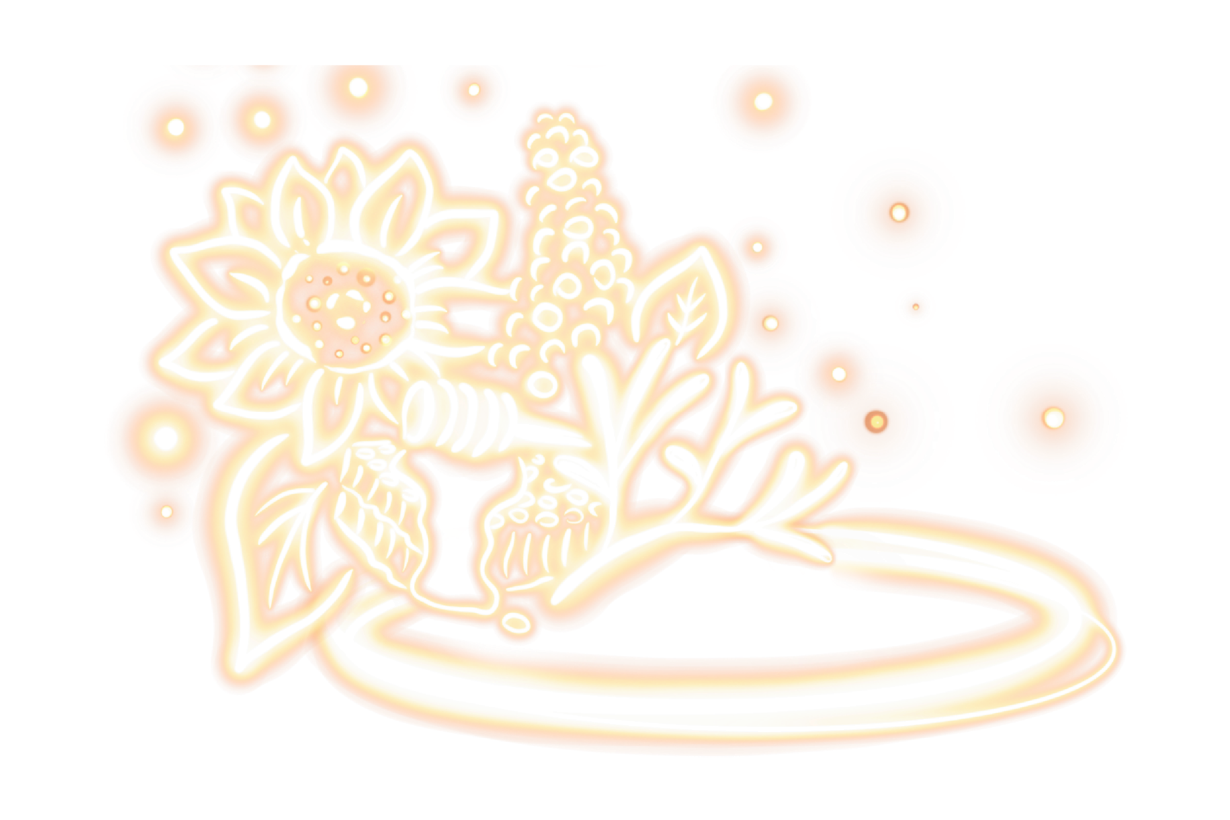 The image depicts a glowing, neon-style illustration of a sunflower, a honeycomb, and a bee. The sunflower is on the left side, with its petals and center clearly outlined in bright white light. The bee is positioned near the sunflower, with its body and wings also glowing. To the right of the sunflower and bee, there is a honeycomb structure and some leaves, all outlined in the same glowing style. The background is black, which makes the glowing elements stand out prominently. There are also small glowing dots scattered around, resembling fireflies or sparkles, adding to the magical effect of the image.