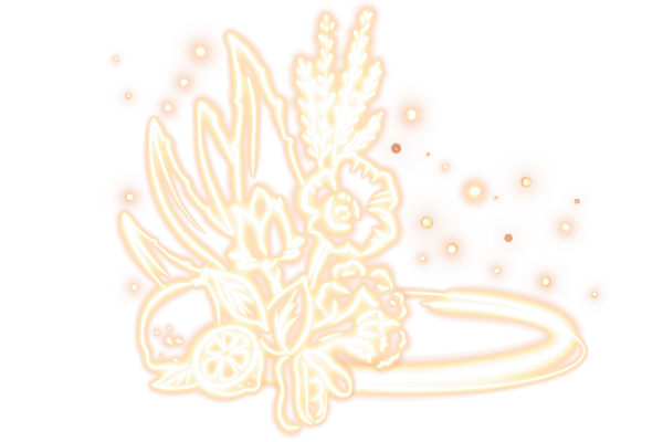 Glowing neon-style illustration of a floral arrangement with leaves, flowers, wheat stalks, and citrus slices on a black background.