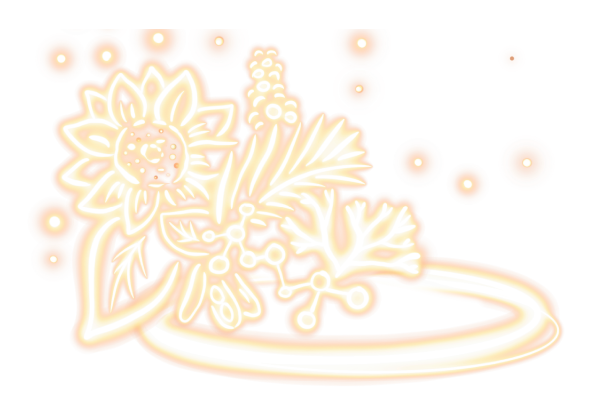 The image shows a glowing neon-style floral design. It features a large flower with petals and a detailed center on the left side. Surrounding the flower are various leaves and smaller floral elements, including berries and fern-like fronds. The entire design is outlined with a bright, warm light effect, giving it a radiant and luminous appearance. The background is transparent, making the glowing floral design stand out prominently.