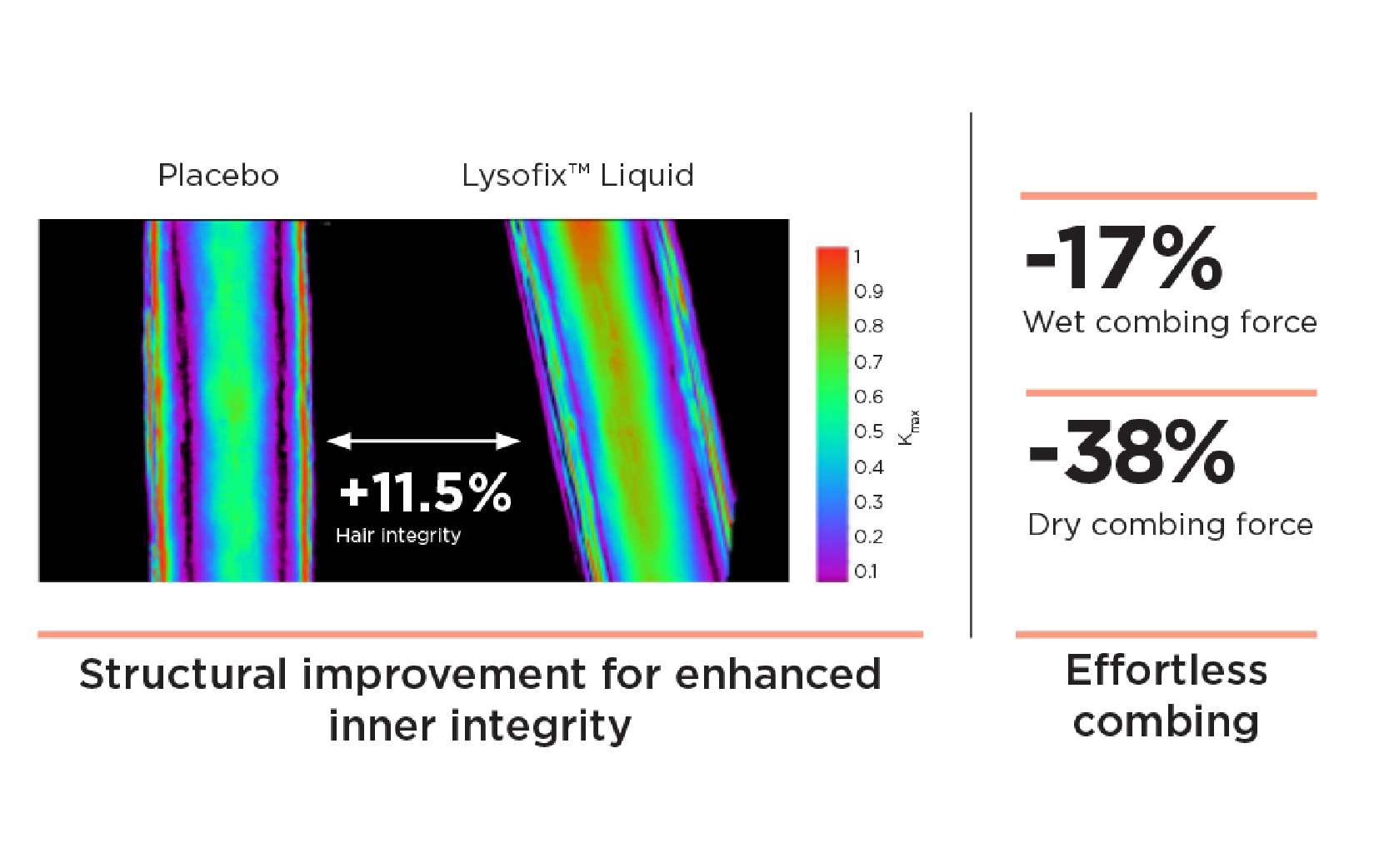 Comparison of hair shaft images showing +11.5% improved hair integrity with Lysofix Liquid versus placebo, and reductions in wet combing force by 17% and dry combing force by 38%.