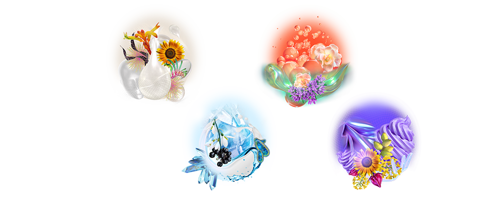 These images appear to be stylized representations of different scents or flavors, each with distinct visual elements:

1. Top left: This image features a sunflower, some orange flowers, and a white, pearlescent vase or container. The colors are soft and warm, suggesting a floral and possibly fresh or natural scent.

2. Top right: This image has a coral background with bubbles, green leaves, and pink flowers, possibly roses or camellias, along with lavender. This combination suggests a fresh, floral, and slightly herbal scent.

3. Bottom center: This image shows a blue and white color scheme with ice cubes, black currants, and a white flower. This likely represents a cool, fresh, and fruity scent.

4. Bottom right: This image has a purple background with what looks like lavender flowers, a sunflower, and some yellow flowers, along with a swirl that might represent cream or a whipped texture. This suggests a floral, creamy, and possibly sweet scent.

If you need more specific information or a description for a particular purpose, please let me know!