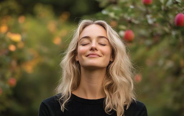 The image shows a person with long, wavy blonde hair wearing a black top. The background is an outdoor setting with green foliage and some red apples on trees, suggesting an orchard or garden. The person's face is blurred, so no facial details are visible. The overall atmosphere appears natural and serene. If you need any specific analysis or information about the image, please let me know!