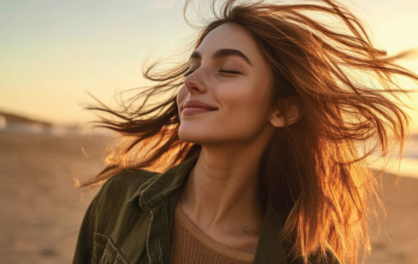 Person with long hair blowing in the wind at a beach during sunset, wearing a green jacket and brown sweater.