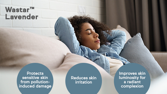The image promotes a product called "Wastar™ Lavender" and highlights three key benefits:
1. Protects sensitive skin from pollution-induced damage.
2. Reduces skin irritation.
3. Improves skin luminosity for a radiant complexion.