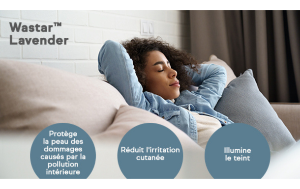 The image showcases Wastar™ Lavender, highlighting its benefits for skin care. It protects the skin from damage caused by indoor pollution, reduces skin irritation, and brightens the complexion.