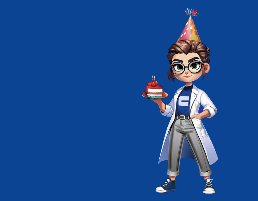 The image shows a cartoon character wearing a white lab coat over a blue shirt with a white "E" on it. The character is also wearing gray pants rolled up at the cuffs and blue sneakers. They have a party hat on their head and are holding a plate with a slice of cake that has two lit candles on it. The background is solid blue. The character's pose is confident, with one hand on their hip.
