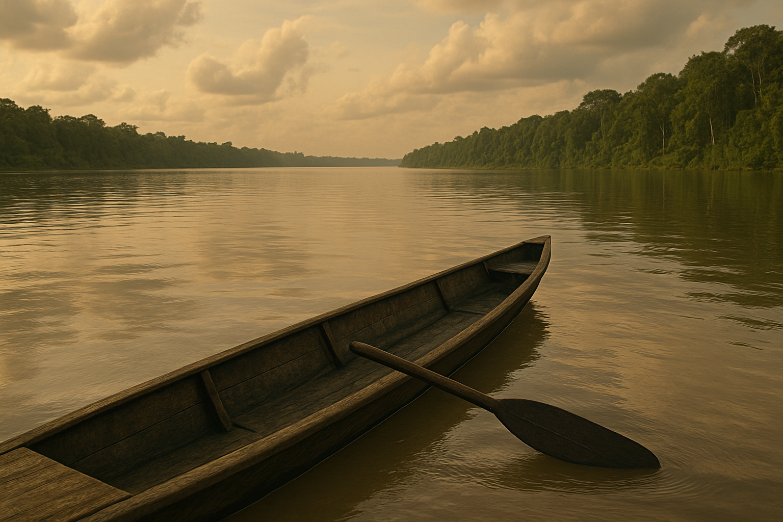 This image shows a wooden canoe with a single paddle resting on the water. The canoe is floating on a calm river or lake, surrounded by dense green trees on both sides. The sky is partly cloudy with a warm, golden hue, suggesting it might be either early morning or late afternoon. The water reflects the sky and the surrounding trees, creating a serene and peaceful atmosphere.